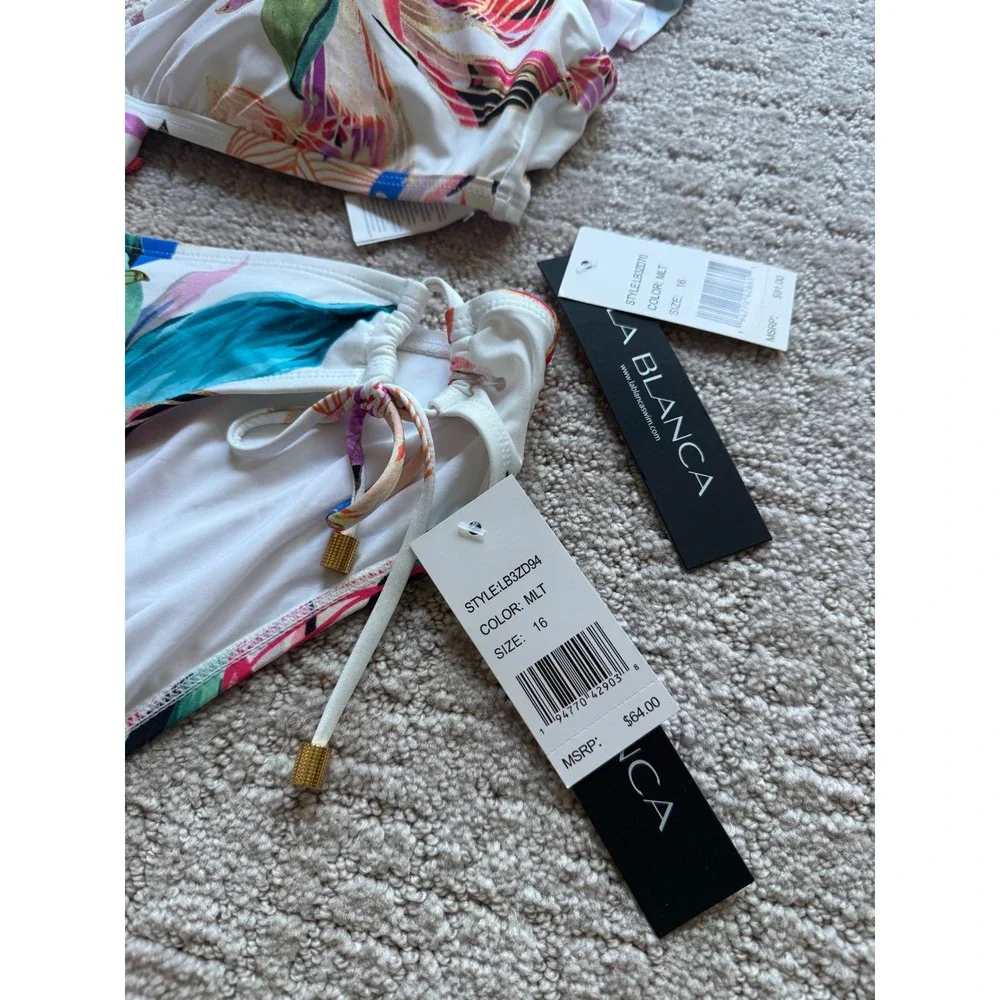 La Blanca Bikini Set Women 16 Multicolor NWT Floral Ruffle Tropical Swimsuit